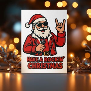K&ouml;nnte beinhalten: Weihnachtskarte mit einer Illustration von Santa Claus in einer roten Jacke, Sonnenbrille und Weihnachtsm&uuml;tze, die ein Mikrofon h&auml;lt und eine Rock'n'Roll-Handbewegung macht. Der Text "HAVE A ROCKIN' CHRISTMAS" steht darunter.