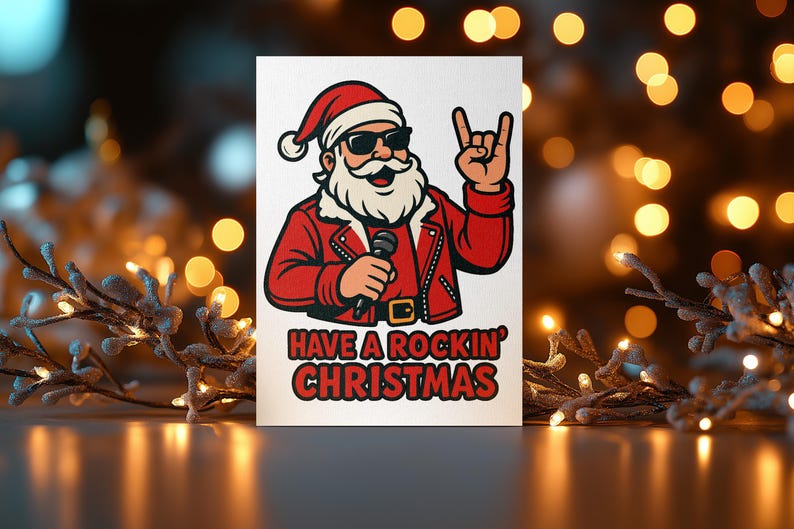 K&ouml;nnte beinhalten: Weihnachtskarte mit einer Illustration von Santa Claus in einer roten Jacke, Sonnenbrille und Weihnachtsm&uuml;tze, die ein Mikrofon h&auml;lt und eine Rock'n'Roll-Handbewegung macht. Der Text "HAVE A ROCKIN' CHRISTMAS" steht darunter.