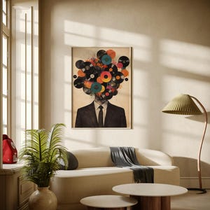 Väggkonst för musikälskare, vinylskivhuvudtryck, retro surrealism-affisch, DJ-present, audiofildekor, abstrakt collagekonst, digital nedladdning bild 3