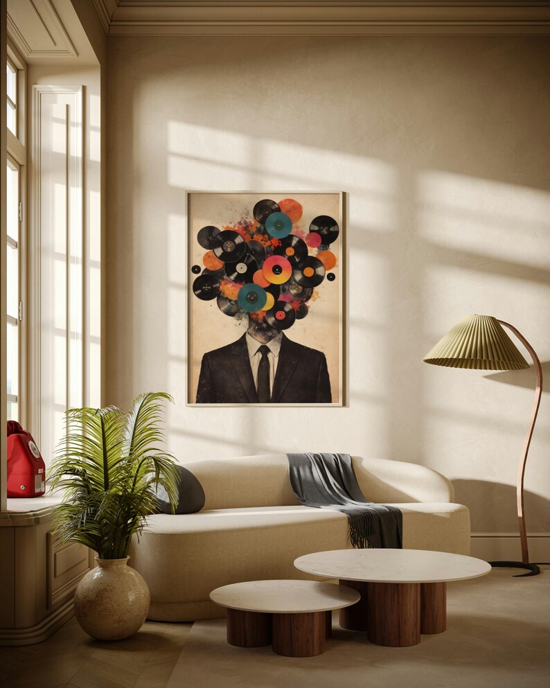 Väggkonst för musikälskare, vinylskivhuvudtryck, retro surrealism-affisch, DJ-present, audiofildekor, abstrakt collagekonst, digital nedladdning bild 3