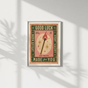 Vintage Matchbox-tryck, lycka till-affisch, retro tändstickskonst, trendig barvagnsdekor, eklektisk väggkonst, dopamindekor, digital nedladdning bild 9