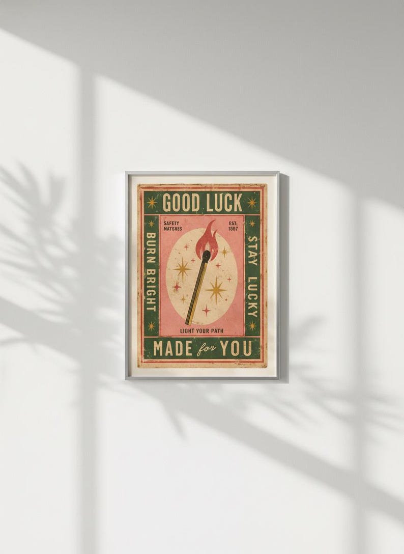 Vintage Matchbox-tryck, lycka till-affisch, retro tändstickskonst, trendig barvagnsdekor, eklektisk väggkonst, dopamindekor, digital nedladdning bild 9