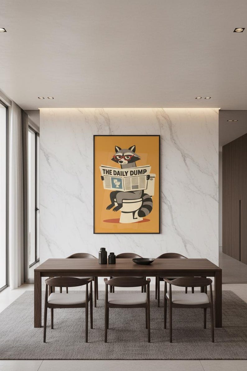 Op de afbeelding: Een ingelijste poster met een wasbeer met een bril die een krant leest met de titel "THE DAILY DUMP" terwijl hij op een toilet zit. De poster hangt boven een donkere houten eettafel met zes stoelen. De kamer heeft een modern design.