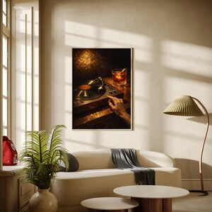 May include: A framed print showing a vintage record player with a vinyl record, a cocktail, and a hand. The room features a cream sofa, round coffee tables, and a green lamp. The scene is warm and inviting.