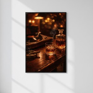 May include: A framed photograph of a dimly lit bar scene. A turntable, a glass of whiskey with ice, a decanter, and a lit cigar in an ashtray sit on a wooden bar. The background features blurred lights.