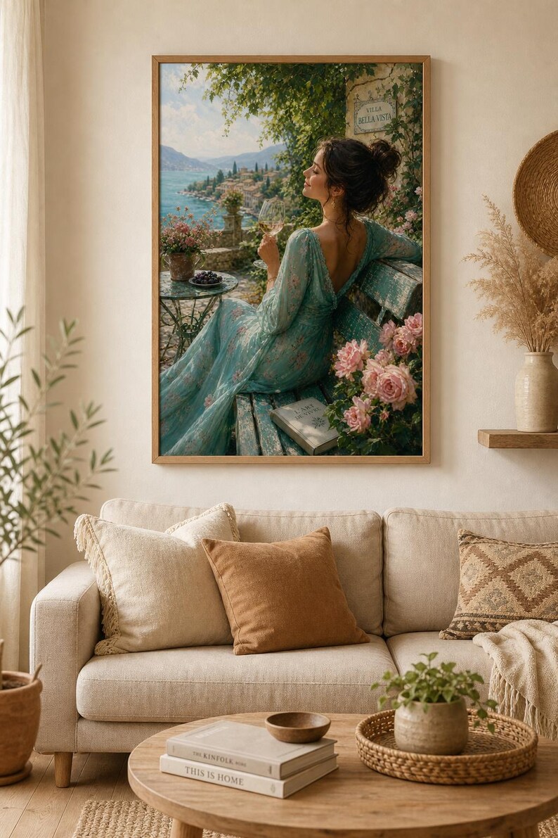 Encantadora y serena escena vinícola, elegante lámina decorativa, decoración acogedora para el hogar, idea de regalo para amantes del vino, arte inspirado en la naturaleza. imagen 1