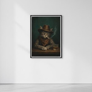 Cowboykatttryck, roligt rökande djur, whiskybarvagnsdekor, vintage westernposter, man cave-väggkonst, stämningsfull målning, digital nedladdning bild 7
