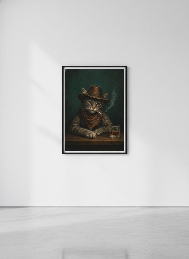 Cowboykatttryck, roligt rökande djur, whiskybarvagnsdekor, vintage westernposter, man cave-väggkonst, stämningsfull målning, digital nedladdning bild 7