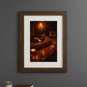 May include: Framed print showing a vintage record player with a vinyl record, a glass of red wine, and a lit candle. The warm tones create a cosy atmosphere, suggesting a theme of music and relaxation.