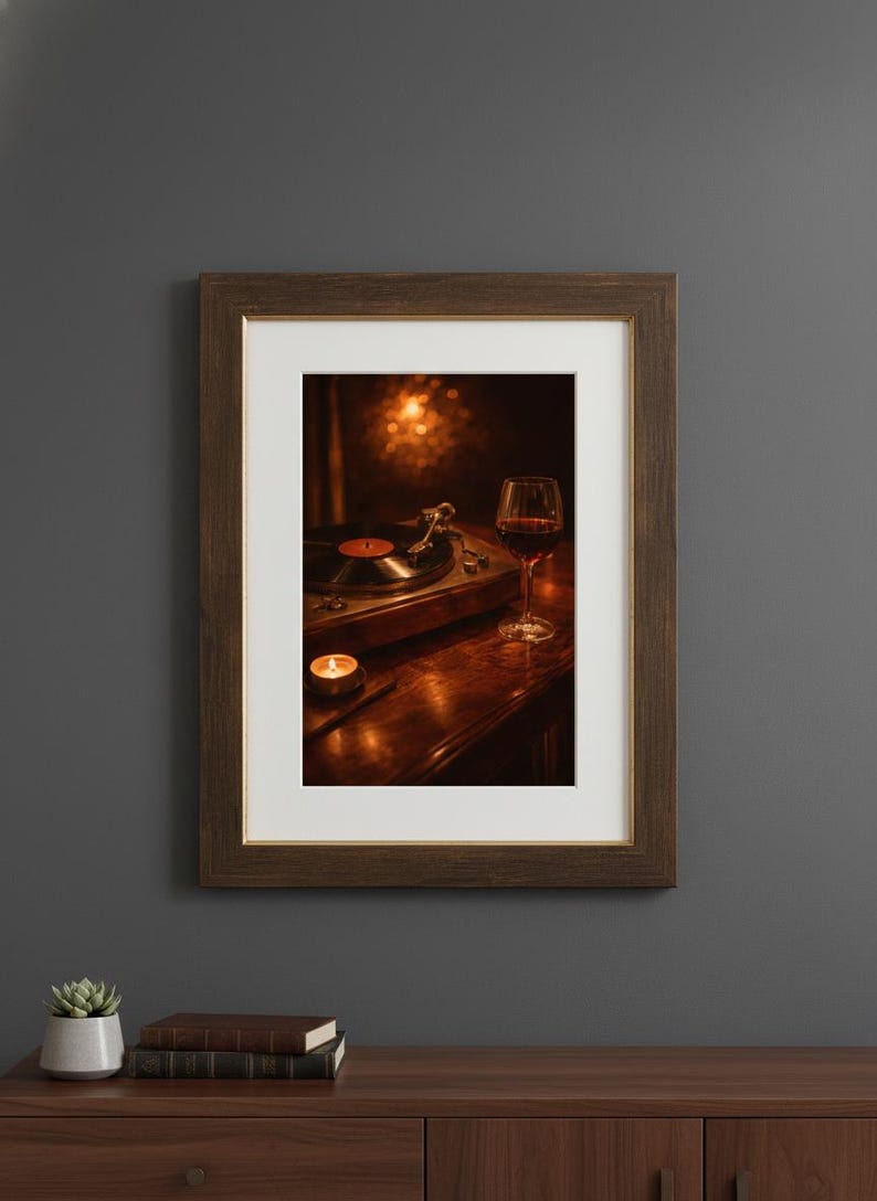 May include: Framed print showing a vintage record player with a vinyl record, a glass of red wine, and a lit candle. The warm tones create a cosy atmosphere, suggesting a theme of music and relaxation.