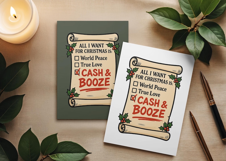 Puede incluir: Dos tarjetas navide&ntilde;as con dise&ntilde;o de pergamino, una sobre fondo verde y otra sobre blanco. Las tarjetas dicen "Todo lo que quiero para Navidad es: Cash & Booze". Acentos de acebo y bayas decoran la parte superior e inferior.
