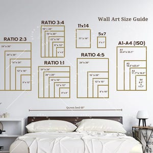 May include: Wall art size guide with various aspect ratios and dimensions in inches. Includes ratios 2:3, 3:4, 1:1, 4:5, and 11x14, plus A1-A4 (ISO) sizes. A queen bed is shown below the guide.