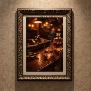 May include: A framed print depicts a dimly lit bar scene. A turntable, a glass of whiskey with ice, a decanter, and a lit cigar rest on a wooden surface. The frame is ornate with a dark brown finish.
