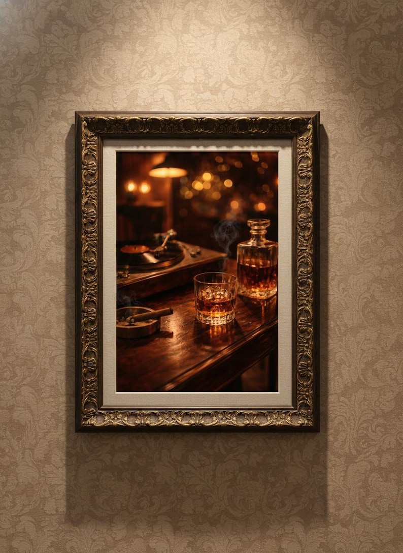 May include: A framed print depicts a dimly lit bar scene. A turntable, a glass of whiskey with ice, a decanter, and a lit cigar rest on a wooden surface. The frame is ornate with a dark brown finish.