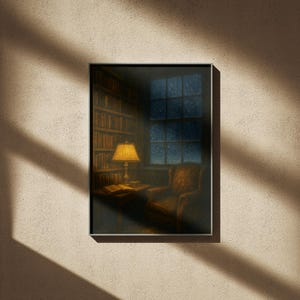 Peut inclure: Tableau encadr&eacute; repr&eacute;sentant une sc&egrave;ne de biblioth&egrave;que chaleureuse. Une lampe allum&eacute;e est pos&eacute;e sur une table avec un livre ouvert, &agrave; c&ocirc;t&eacute; d'un fauteuil confortable. Des &eacute;tag&egrave;res de livres bordent le mur, et une fen&ecirc;tre montre une nuit &eacute;toil&eacute;e.