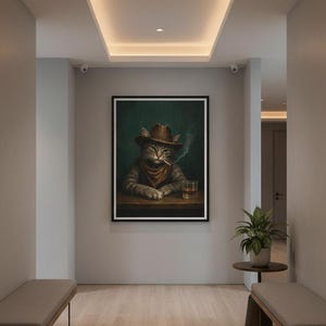Cowboykatttryck, roligt rökande djur, whiskybarvagnsdekor, vintage westernposter, man cave-väggkonst, stämningsfull målning, digital nedladdning bild 3