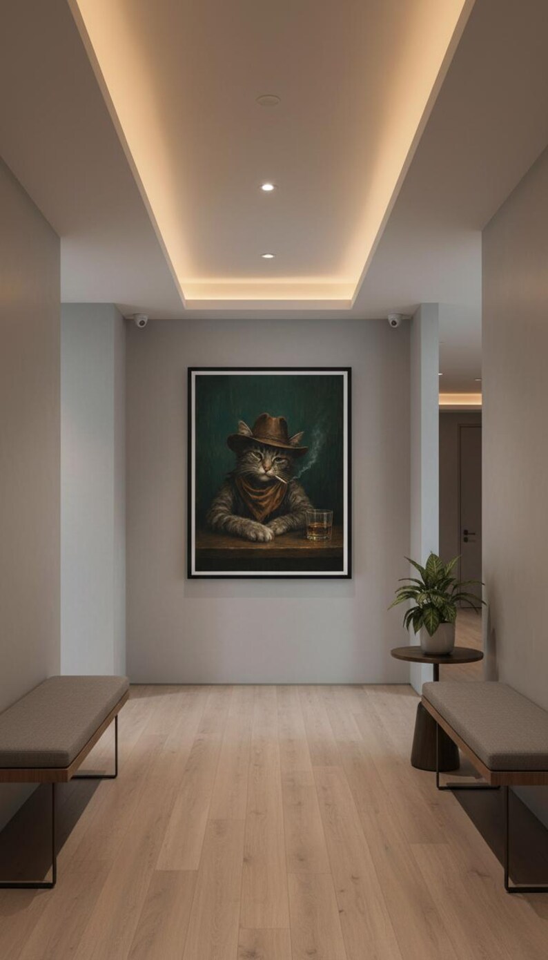 Cowboykatttryck, roligt rökande djur, whiskybarvagnsdekor, vintage westernposter, man cave-väggkonst, stämningsfull målning, digital nedladdning bild 3