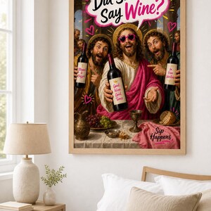 Qualcuno ha detto vino? Divertente decorazione murale con Gesù, stampa artistica cristiana originale, decorazione per cucina e bar, umorismo spensierato, download immediato. immagine 6