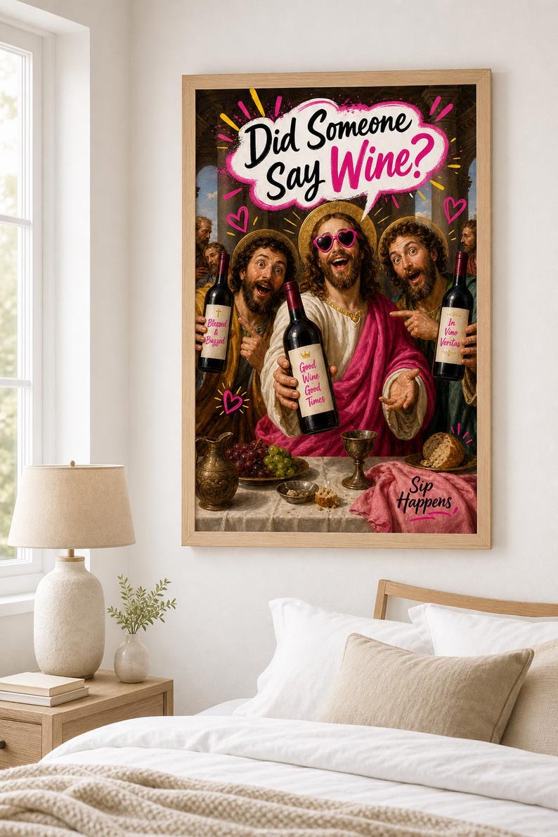 Qualcuno ha detto vino? Divertente decorazione murale con Gesù, stampa artistica cristiana originale, decorazione per cucina e bar, umorismo spensierato, download immediato. immagine 6