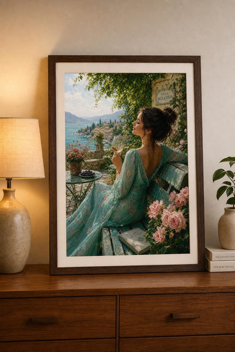 Encantadora y serena escena vinícola, elegante lámina decorativa, decoración acogedora para el hogar, idea de regalo para amantes del vino, arte inspirado en la naturaleza. imagen 3