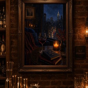 穏やかなワインと本の風景、魅惑的な夜のアート、本好きへの完璧な贈り物、ロマンチックな家の装飾、デジタルダウンロードプリント 画像 6