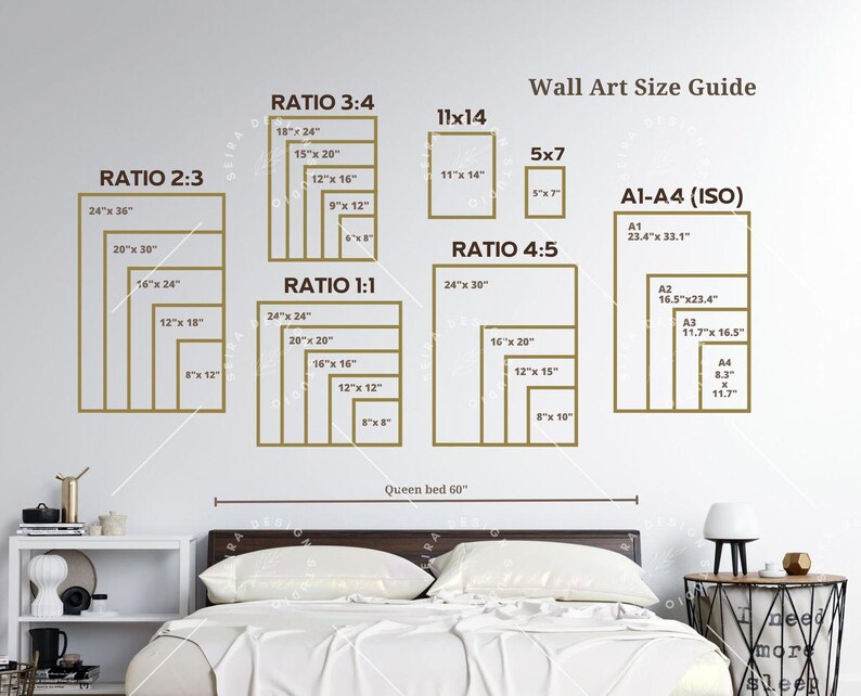 Pu&ograve; includere: Guida alle dimensioni delle opere d'arte da parete con vari rapporti e dimensioni in pollici. Include i rapporti 2:3, 3:4, 1:1, 4:5 e 11x14, pi&ugrave; le dimensioni A1-A4 (ISO). Un letto queen size &egrave; mostrato sotto.