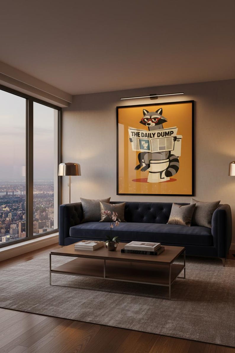 Op de afbeelding: Een woonkamer met een groot ingelijst poster met een wasbeer die een krant leest met de titel "THE DAILY DUMP". De kamer heeft een marineblauwe bank, een salontafel en een groot raam met uitzicht op de stad. Een vloerlamp en een vloerkleed maken de inrichting compleet.