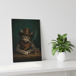 Cowboykatttryck, roligt rökande djur, whiskybarvagnsdekor, vintage westernposter, man cave-väggkonst, stämningsfull målning, digital nedladdning bild 8