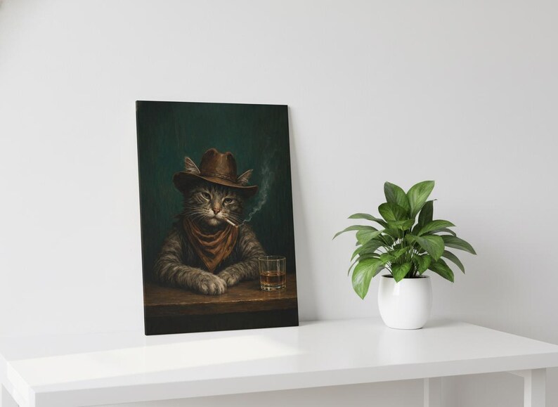 Cowboykatttryck, roligt rökande djur, whiskybarvagnsdekor, vintage westernposter, man cave-väggkonst, stämningsfull målning, digital nedladdning bild 8
