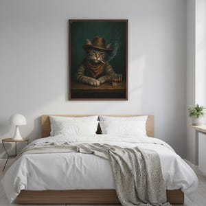 Cowboykatttryck, roligt rökande djur, whiskybarvagnsdekor, vintage westernposter, man cave-väggkonst, stämningsfull målning, digital nedladdning bild 2