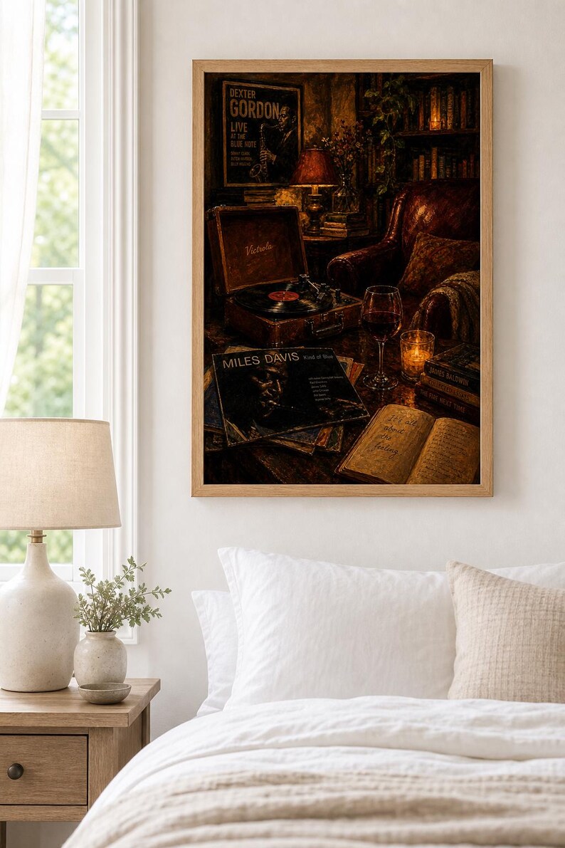 Encantador cuadro de jazz y vino para pared, ambiente romántico y acogedor, decoración con música jazz, perfecto para el bar de casa o la sala de estar, impresión de descarga instantánea. imagen 2
