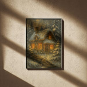 K&ouml;nnte beinhalten: Gerahmte Winterszene eines schneebedeckten Hauses mit beleuchteten Fenstern und einem rauchenden Schornstein. Das Kunstwerk zeigt ein gem&uuml;tliches, warmes Interieur mit einer verschneiten Landschaft. Das Gem&auml;lde ist in einem schwarzen Rahmen gefasst und an einer beigen Wand befestigt.