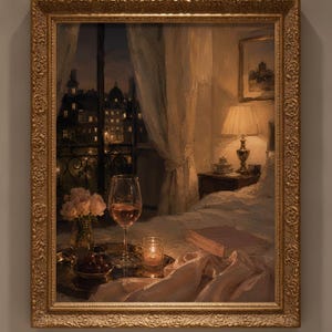 May include: An oil painting in an ornate gold frame depicting a bedroom interior at night. A tray holds a wine glass, a small bowl of fruit, and a lit candle on a bed with rumpled white linens. A lamp glows on a nightstand near a window.
