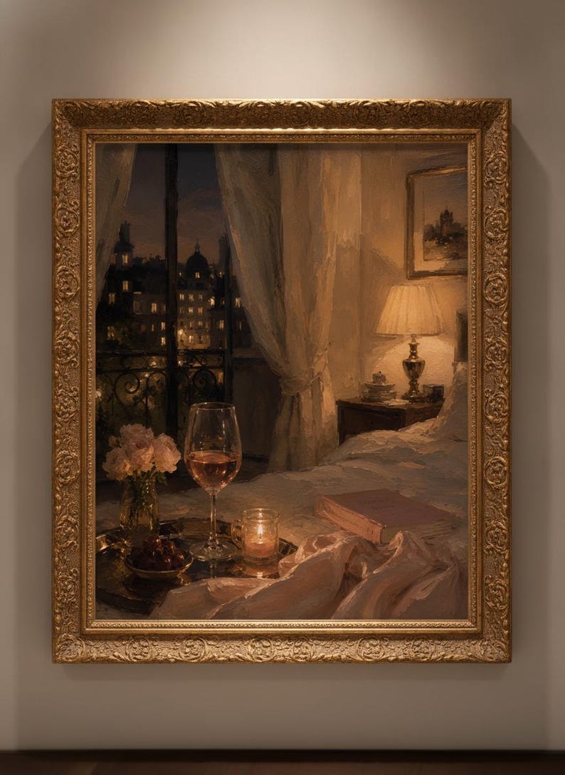 May include: An oil painting in an ornate gold frame depicting a bedroom interior at night. A tray holds a wine glass, a small bowl of fruit, and a lit candle on a bed with rumpled white linens. A lamp glows on a nightstand near a window.