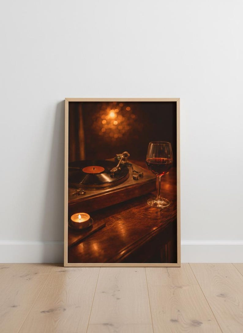 May include: A framed photograph shows a vintage record player with a vinyl record, a lit candle, and a glass of red wine. The scene is set on a dark wooden surface, creating a warm atmosphere. The image evokes nostalgia and relaxation, with a focus on music and leisure.