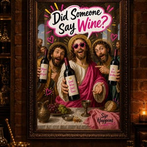 Qualcuno ha detto vino? Divertente decorazione murale con Gesù, stampa artistica cristiana originale, decorazione per cucina e bar, umorismo spensierato, download immediato. immagine 5