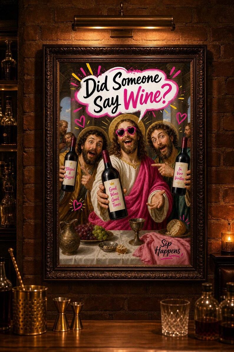 Qualcuno ha detto vino? Divertente decorazione murale con Gesù, stampa artistica cristiana originale, decorazione per cucina e bar, umorismo spensierato, download immediato. immagine 5
