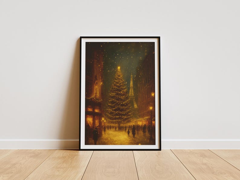 May include: A framed print depicts a festive Christmas scene. A large, illuminated Christmas tree stands in the center of a street, with the Eiffel Tower visible in the background. The artwork is in warm tones, suggesting a cozy, holiday atmosphere.