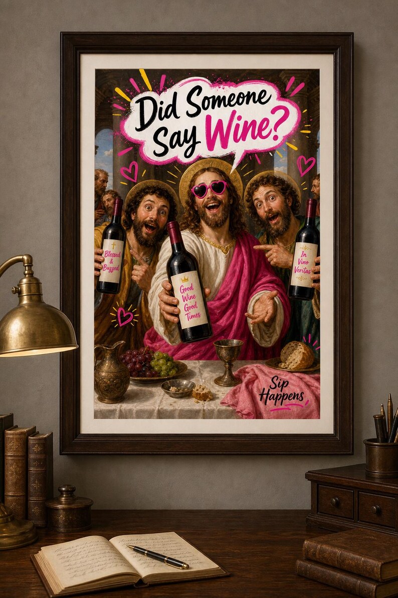 Qualcuno ha detto vino? Divertente decorazione murale con Gesù, stampa artistica cristiana originale, decorazione per cucina e bar, umorismo spensierato, download immediato. immagine 1