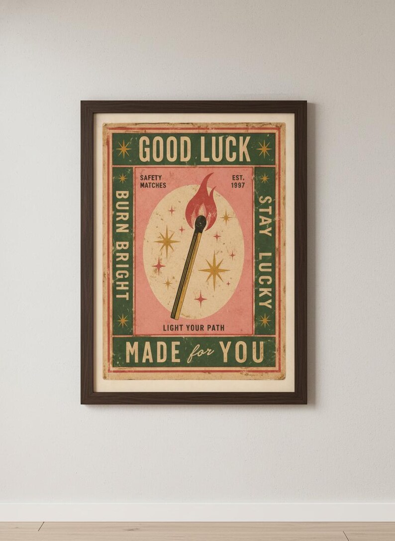 Vintage Matchbox-tryck, lycka till-affisch, retro tändstickskonst, trendig barvagnsdekor, eklektisk väggkonst, dopamindekor, digital nedladdning bild 12