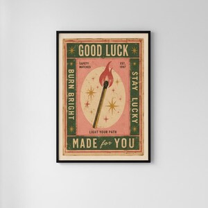 Vintage Matchbox-tryck, lycka till-affisch, retro tändstickskonst, trendig barvagnsdekor, eklektisk väggkonst, dopamindekor, digital nedladdning bild 10