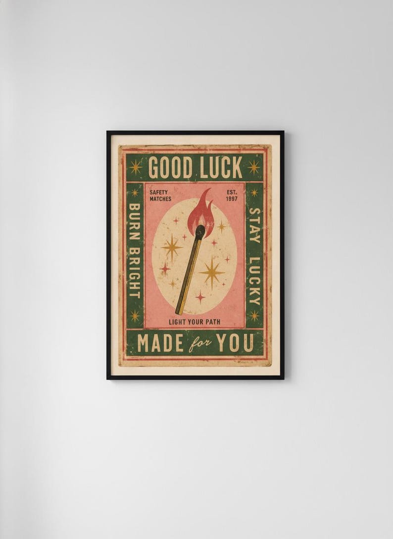 Vintage Matchbox-tryck, lycka till-affisch, retro tändstickskonst, trendig barvagnsdekor, eklektisk väggkonst, dopamindekor, digital nedladdning bild 10