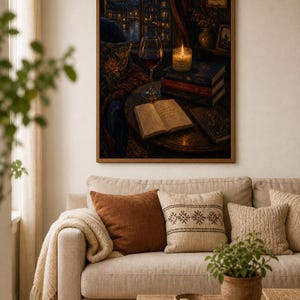 Dark Academia Wall Art, Cozy Reading Nook Print, Rainy Night Window Poster, Book Stack Art, Red Wine Decor, Bookish Aesthetic image 4