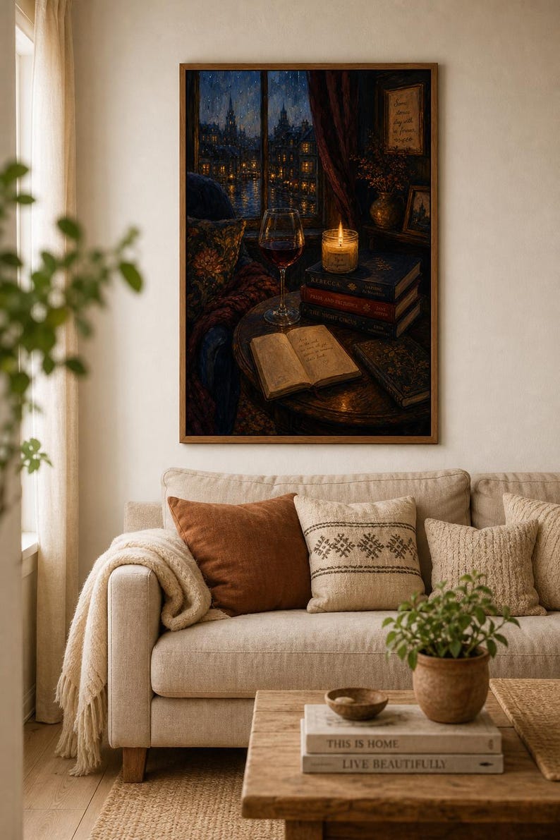 Dark Academia Wall Art, Cozy Reading Nook Print, Rainy Night Window Poster, Book Stack Art, Red Wine Decor, Bookish Aesthetic image 4