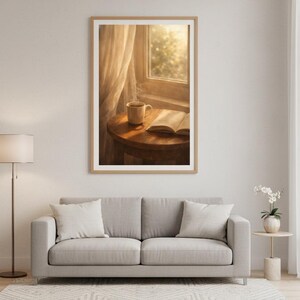 Stampa "Cozy Morning Coffee", quadro da parete con libro aperto, decorazione per la stanza in stile Hygge, poster con estetica da caffè, decorazione Light Academia, arte per la cucina, download digitale immagine 5