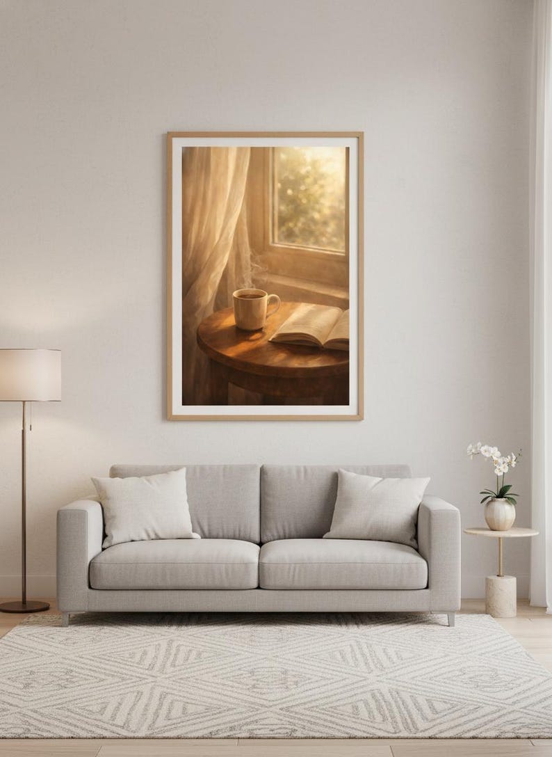 Stampa "Cozy Morning Coffee", quadro da parete con libro aperto, decorazione per la stanza in stile Hygge, poster con estetica da caffè, decorazione Light Academia, arte per la cucina, download digitale immagine 5