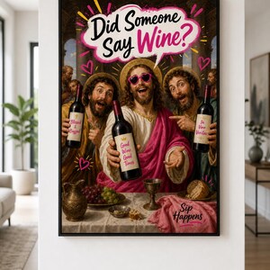 Qualcuno ha detto vino? Divertente decorazione murale con Gesù, stampa artistica cristiana originale, decorazione per cucina e bar, umorismo spensierato, download immediato. immagine 2