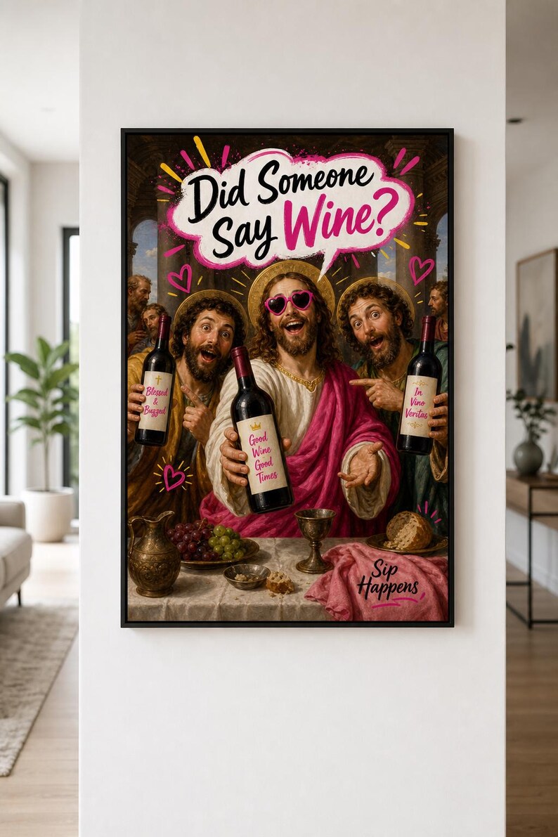 Qualcuno ha detto vino? Divertente decorazione murale con Gesù, stampa artistica cristiana originale, decorazione per cucina e bar, umorismo spensierato, download immediato. immagine 2