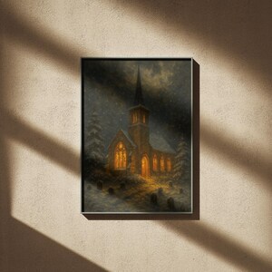 Peut inclure: &OElig;uvre encadr&eacute;e repr&eacute;sentant une &eacute;glise la nuit. L'&eacute;glise, avec un haut clocher, est &eacute;clair&eacute;e de l'int&eacute;rieur, d&eacute;gageant une lueur chaleureuse. La neige tombe autour du b&acirc;timent, sur fond de ciel sombre et nuageux. L'&oelig;uvre est dans un cadre argent&eacute;.