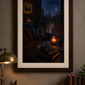 穏やかなワインと本の風景、魅惑的な夜のアート、本好きへの完璧な贈り物、ロマンチックな家の装飾、デジタルダウンロードプリント 画像 2